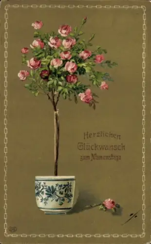 Präge Ak Glückwunsch Namenstag, Rosen, Blumentopf