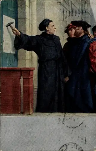 Künstler Ak Wittenberg, Reformator Martin Luther mit seinen Thesen an der Schlosskirche