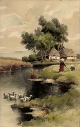 Ak Fluss, Gänse, Wohnhaus, Wiese