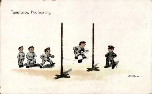 Künstler Ak Hoffmann, Ad., Turnstunde, Hochsprung, Kinder als Soldaten