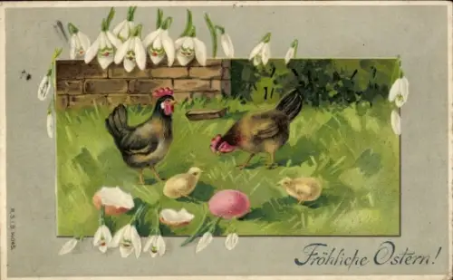 Präge Ak Glückwunsch Ostern, Hühner, Küken, Schneeglocken