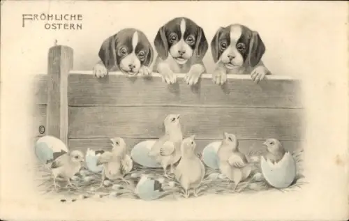 Ak Glückwunsch Ostern, Küken, Hunde