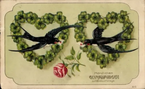 Präge Ak Glückwunsch Geburtstag, Schwalben, Glücksklee, Rose