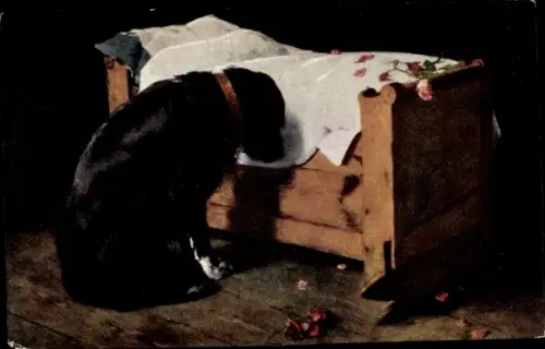 Künstler Ak Mosler, Niedergeschlagener Hund, Kinderbett