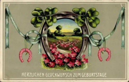Präge Ak Glückwunsch Geburtstag, Hufeisen, Glücksklee, Blumen