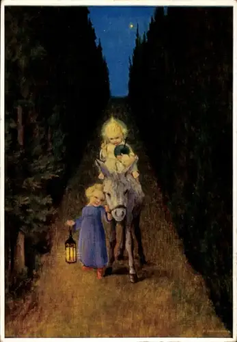 Künstler Ak Schönermark, Vom Himmel hoch, da komm ich her, Christkind, Esel, Laterne