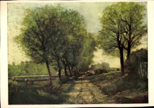 Künstler Ak Sisley, Alfred, Baumallee bei einem Städtchen, Ronning Kaffee, Reklame