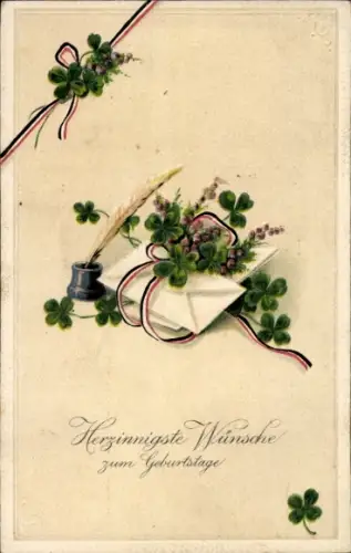 Ak Glückwunsch zum Geburtstag, Kleeblätter, Flaggenband, Briefumschlag, Tintenfass