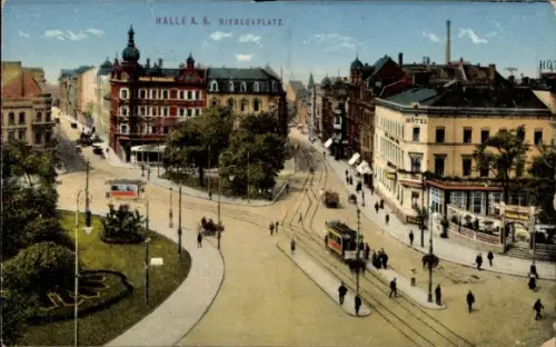 Ak Halle an der Saale, Riebeckplatz, Straßenbahnen