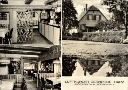 Ak Gernrode Quedlinburg im Harz, Ausflugsrestaurant Bückemühle, Innenansichten, Naturansicht