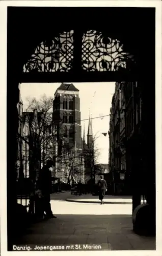 Ak Gdańsk Danzig, Jopengasse mit St. Marien-Kirche, Tordurchblick