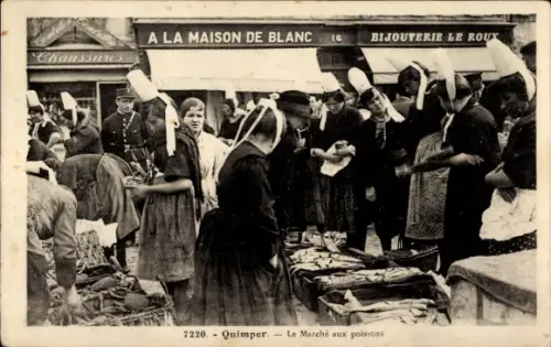 Ak Quimper Finistère,  Le Marché aux poissons, A la Maison de Blanc, Bijouterie Le Roux
