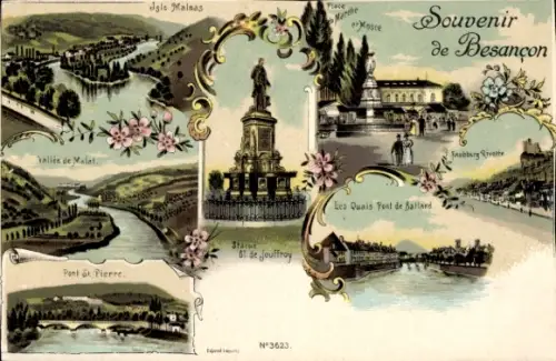 Ak Besançon Doubs,  Vallée de Malate, Île Malpas, Pont St-Pierre, Statue de Jouffroy, Place March