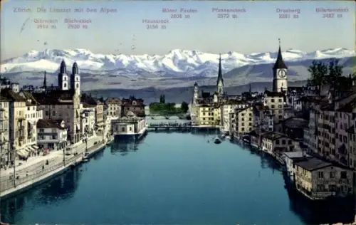 Ak Zürich Stadt Schweiz, Panorama, Limmat mit den Alpen