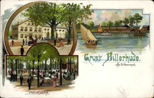 Ak Hamburg Mitte Rothenburgsort Billerhude,  Concertgarten, Uferansicht mit Segelboot