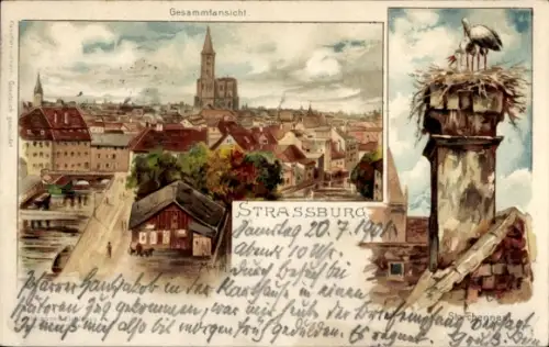 Künstler Litho Münch, C., Strasbourg Straßburg Elsass Bas Rhin, Gesamtansicht, Storchennest