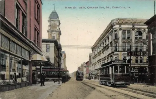 Ak Dubuque Iowa USA, Hauptstraße, Corner Street, Straßenbahnen
