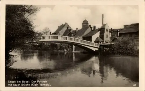 Ak Żagań Sagan Schlesien,  Der Parchen, neue Brücke, Klein-Venedig