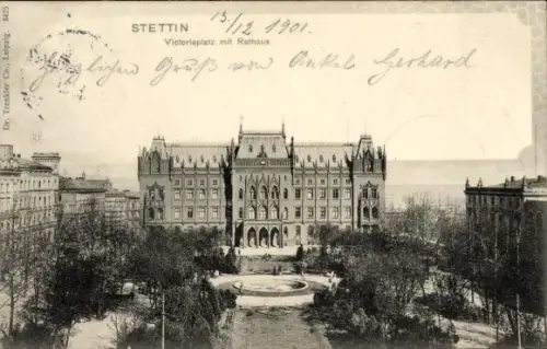 Ak Szczecin Stettin Pommern, Victoriaplatz mit Rathaus