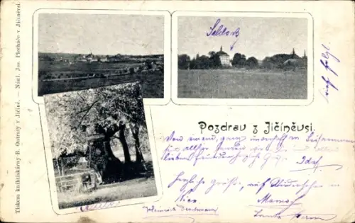 Ak Jičíněves Jičínowes Region Königgrätz, Gesamtansicht, Schloss, Denkmal