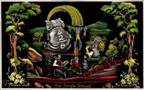 Künstler Ak Roker Park, The Jungle School, vermenschlichte Tiere, Schule, Elefant als Tafel