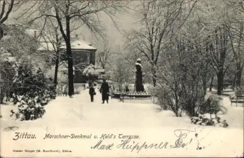 Ak Zittau in der Oberlausitz, Marschner Denkmal und Held's Terrasse, Winter