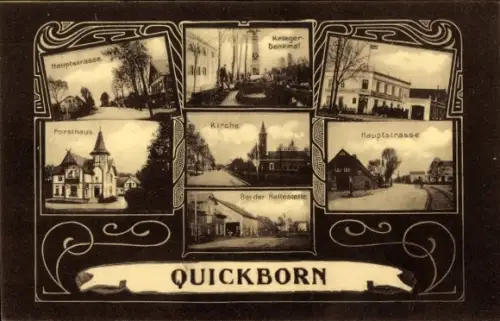 Jugendstil Ak Quickborn in Holstein, Kriegerdenkmal, Forsthaus, Haltestelle, Hauptstraße