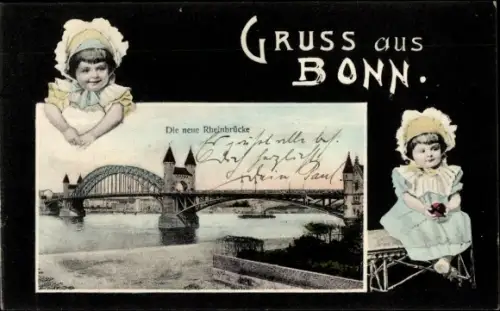 Ak Bonn am Rhein, neue Rheinbrücke, zwei Mädchen