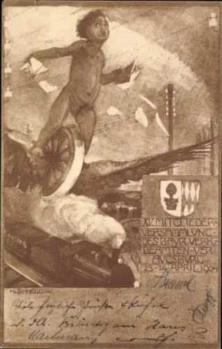 Künstler Ak Schnegg, Augsburg in Schwaben, XV Mitgliederversammlung d. Bayr. Verkehrsbeamten 1904