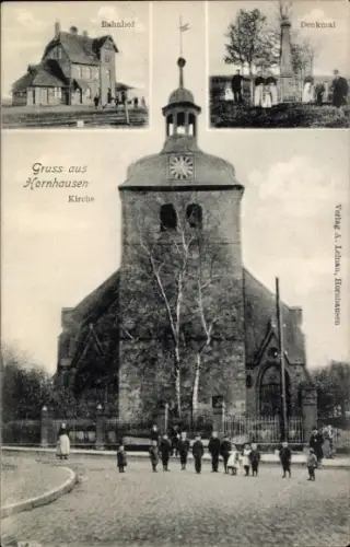 Ak Hornhausen Oschersleben an der Bode, Kirche, Bahnhof, Denkmal