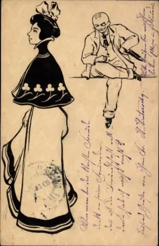 Handgemalt Ganzsachen Ak Junge Frau, Kleid, Mann mit Monokel
