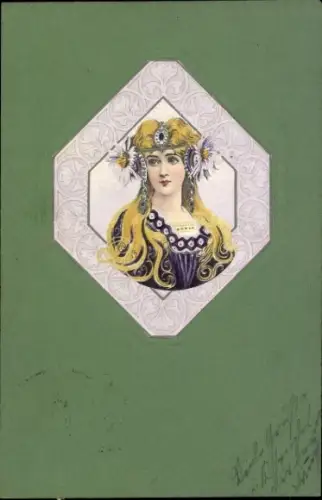 Präge Passepartout Jugendstil Ak Porträt einer jungen Frau, Blumen
