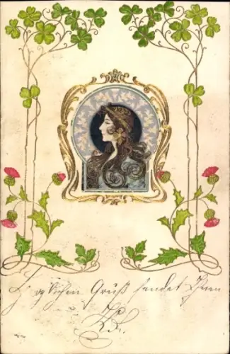 Passepartout Jugendstil Ak Porträt einer jungen Frau, Glücksklee