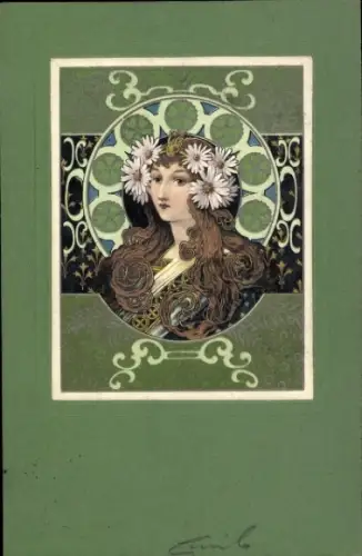 Präge Passepartout Jugendstil Ak Porträt einer jungen Frau, Blumenschmuck