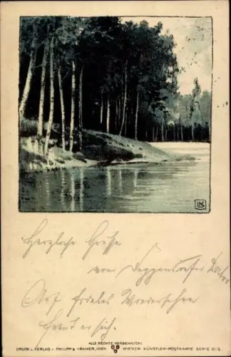 Künstler Ak Wald, See, Bäume
