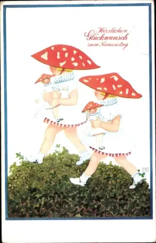 Künstler Ak Köhler, M., Glückwunsch Namenstag, Kinder mit Pilzhüten, Puppen