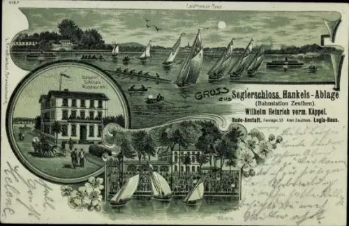 Mondschein Litho Zeuthen in der Mark, Seglerschloss Hankels-Ablage, Badeanstalt