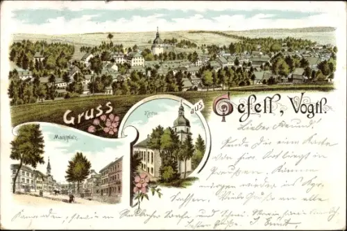 Litho Gefell Vogtland, Panorama, Marktplatz, Kirche