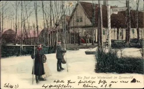 Ak Die Post zur Winterzeit im Spreewald, Briefträger
