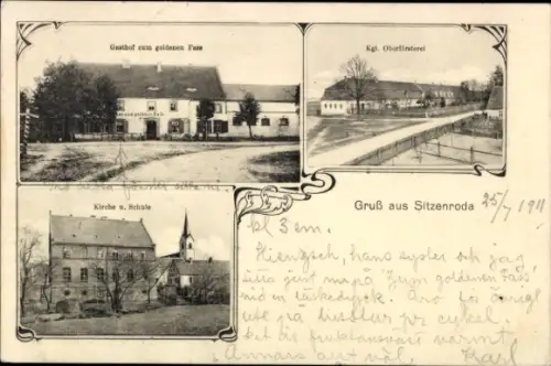 Ak Sitzenroda Schildau in Sachsen, Gasthof zum goldenen Fass, Kirche, Schule