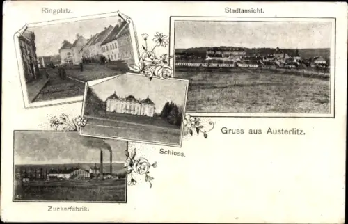 Ak Slavkov u Brna Austerlitz Südmähren, Ringplatz, Schloss, Zuckerfabrik