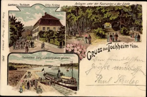 Litho Tochheim an der Elbe Breitenhagen Barby, Gasthaus, Anlagen, Dampferlandungsplatz, Berg