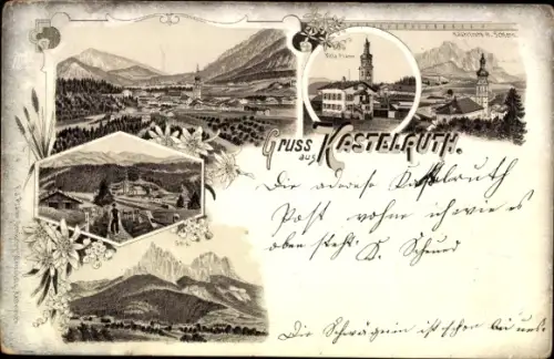 Litho Kastelruth Castelrotto Südtirol, Gesamtansicht, Kirche, Edelweiß