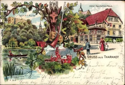 Litho Tharandt im Erzgebirge, Hotel Deutsches Haus, Teich, Ruine, Schloss