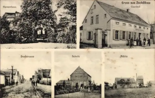 Ak Zschölkau Krostitz Nordsachsen, Gasthof, Schule, Mühle, Dorfstraße