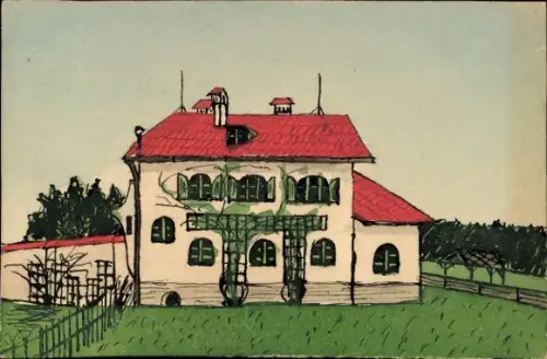 Handgemalt Ak Wohnhaus, Wiese, Zaun