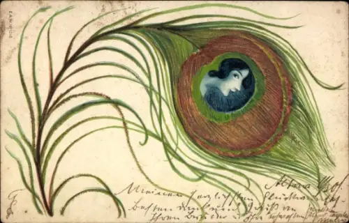 Jugendstil Ak Frau-Porträt, Pfauenfeder