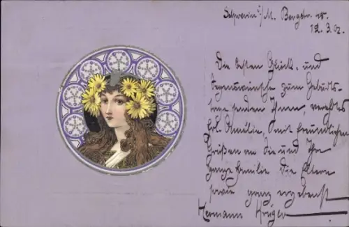 Präge Jugendstil Ak Porträt einer jungen Frau, Blumen