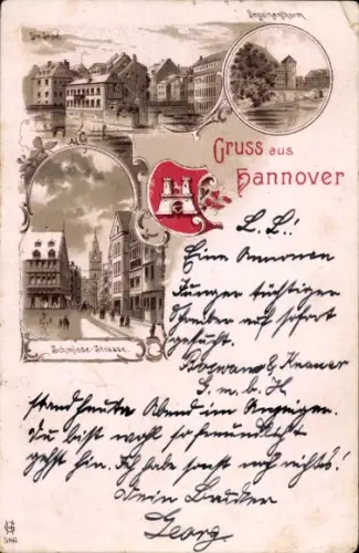 Litho Hannover, Insel, Beguinenturm, Schmiedestraße, Wappen