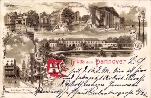 Jugendstil Passepartout Litho Hannover, Schmiedestraße, Insel, Residenzschloss, Beguinenturm